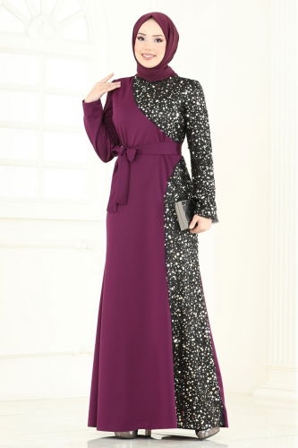 moda selvim Pul Payet Detay Abiye Elbise 2808ASMK1074 Mor - Thumbnail