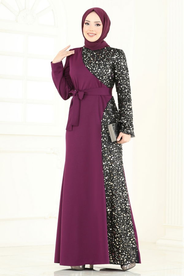 Modaselvim ABİYE Pul Payet Detay Abiye Elbise 2808ASMK1074 Mor