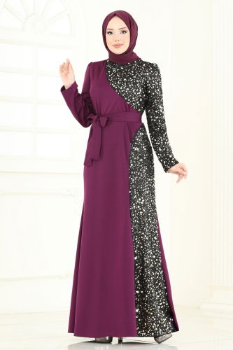moda selvim Pul Payet Detay Abiye Elbise 2808ASMK1074 Mor - Thumbnail