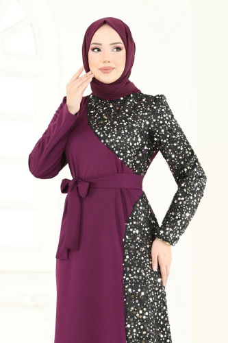 moda selvim Pul Payet Detay Abiye Elbise 2808ASMK1074 Mor - Thumbnail
