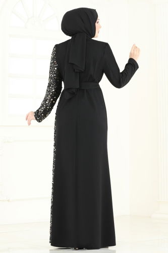 moda selvim Pul Payet Detay Abiye Elbise 2808ASMK1074 Siyah - Thumbnail