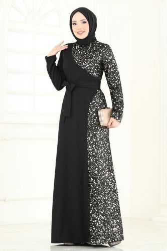 moda selvim Pul Payet Detay Abiye Elbise 2808ASMK1074 Siyah - Thumbnail
