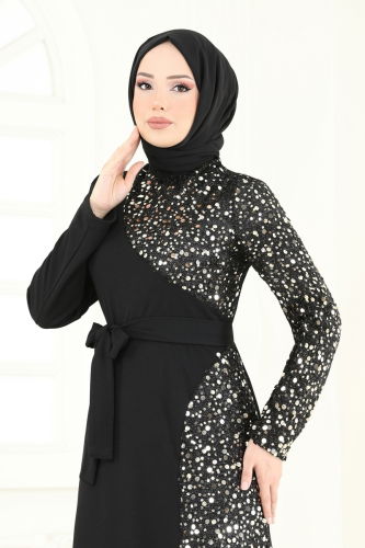 moda selvim Pul Payet Detay Abiye Elbise 2808ASMK1074 Siyah - Thumbnail