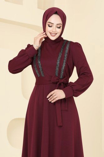 moda selvim Pul Payet Detay Abiye Elbise ASM2771 Bordo - Thumbnail