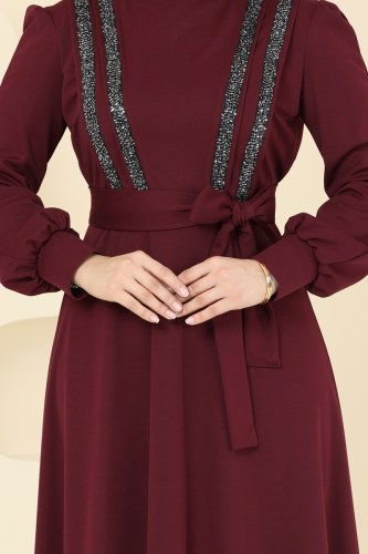 moda selvim Pul Payet Detay Abiye Elbise ASM2771 Bordo - Thumbnail