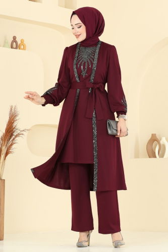 moda selvim Pul Payet Detay Takım ASM2805 Bordo - Thumbnail