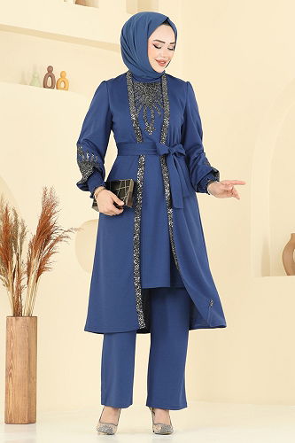 moda selvim Pul Payet Detay Takım ASM2805 İndigo - Thumbnail