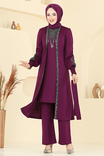 moda selvim Pul Payet Detay Takım ASM2805 Mürdüm - Thumbnail