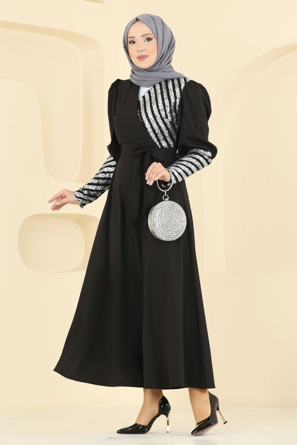 Modaselvim 3 AYLAR ÖZEL Pul Payet Detaylı Abiye 2739ASMK1074 Gümüş&Siyah