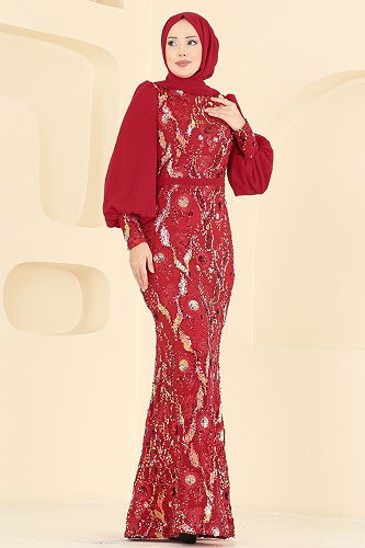 moda selvim Pul Payet Detaylı Abiye 2847ELCK1161 Kırmızı - Thumbnail