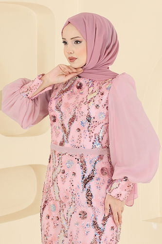moda selvim Pul Payet Detaylı Abiye 2847ELCK1161 Pudra - Thumbnail