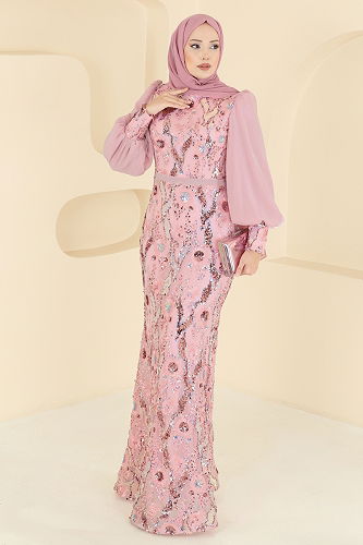 moda selvim Pul Payet Detaylı Abiye 2847ELCK1161 Pudra - Thumbnail