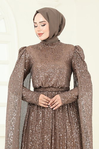 moda selvim Pul Payet Detaylı Abiye 5698EDF311 Açık Kahve - Thumbnail
