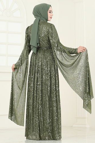 moda selvim Pul Payet Detaylı Abiye 5698EDF311 Haki - Thumbnail