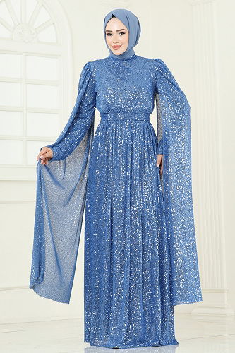 moda selvim Pul Payet Detaylı Abiye 5698EDF311 Mavi - Thumbnail