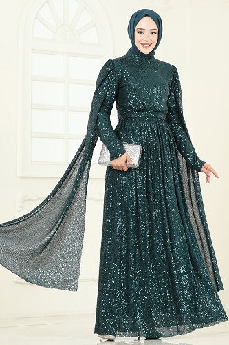 moda selvim Pul Payet Detaylı Abiye 5698EDF311 Zümrüt - Thumbnail