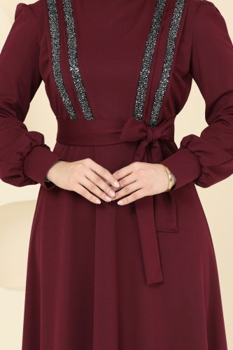 moda selvim Pul Payet Detaylı Abiye ASM2771 Bordo - Thumbnail