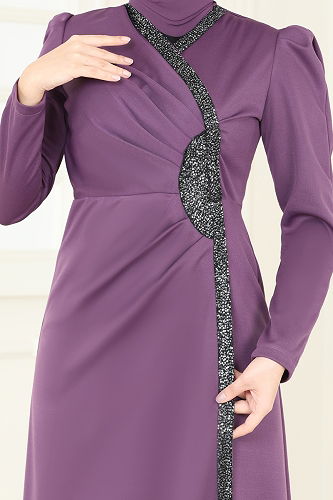 moda selvim Pul Payet Detaylı Abiye Elbise 2793ASMK1074 Koyu Lila - Thumbnail