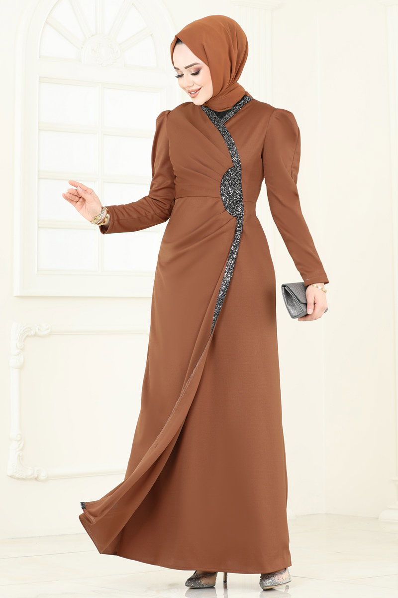 Pul Payet Detaylı Abiye Elbise 2793ASMK1074 Taba