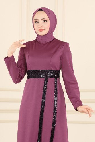 moda selvim Pul Payet Detaylı Abiye Elbise ASM2545 Gül Kurusu - Thumbnail