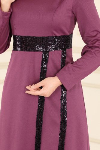 moda selvim Pul Payet Detaylı Abiye Elbise ASM2545 Gül Kurusu - Thumbnail