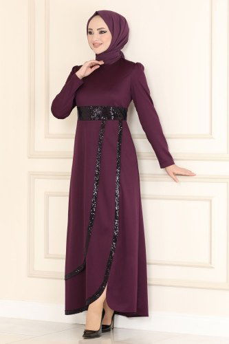moda selvim Pul Payet Detaylı Abiye Elbise ASM2545 Mor - Thumbnail