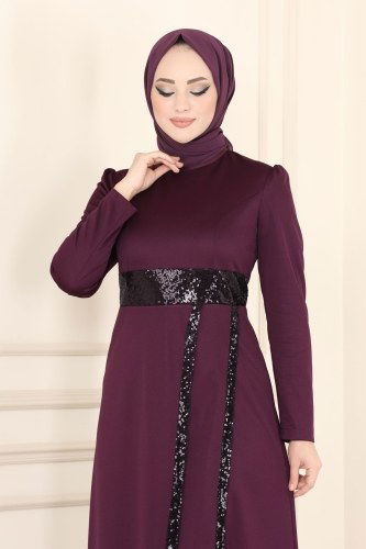 moda selvim Pul Payet Detaylı Abiye Elbise ASM2545 Mor - Thumbnail