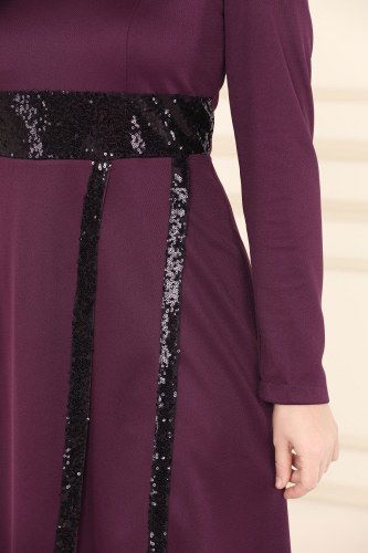 moda selvim Pul Payet Detaylı Abiye Elbise ASM2545 Mor - Thumbnail