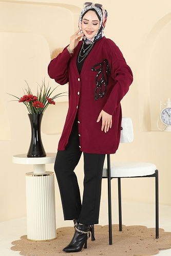 moda selvim Pul Payet Detaylı Hırka 2502UZ662 Bordo - Thumbnail