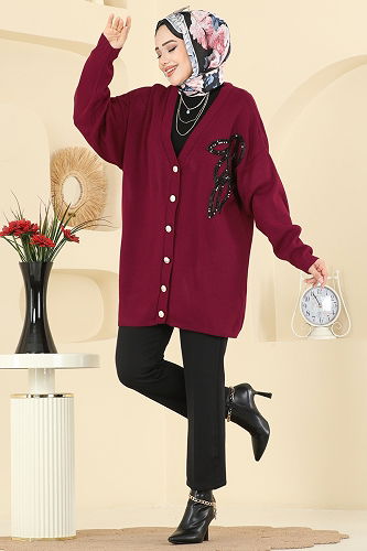 moda selvim Pul Payet Detaylı Hırka 2502UZ662 Bordo - Thumbnail