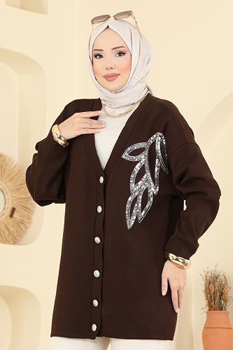 moda selvim Pul Payet Detaylı Hırka 2502UZ662 Gümüş&Kahve - Thumbnail