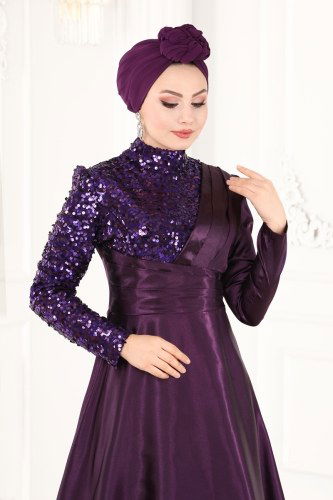 moda selvim Pul Payet Detaylı Saten Abiye ASM2548 Mürdüm - Thumbnail