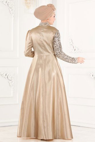 moda selvim Pul Payet Detaylı Saten Abiye ASM2548 Taş - Thumbnail