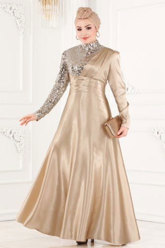 moda selvim Pul Payet Detaylı Saten Abiye ASM2548 Taş - Thumbnail