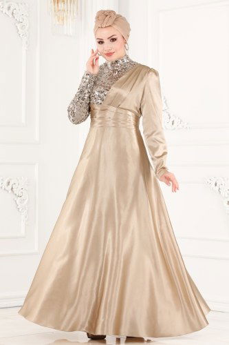 moda selvim Pul Payet Detaylı Saten Abiye ASM2548 Taş - Thumbnail