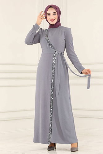 moda selvim Pul Payet Detaylı Tesettür Elbise ASM2567-M Gri - Thumbnail