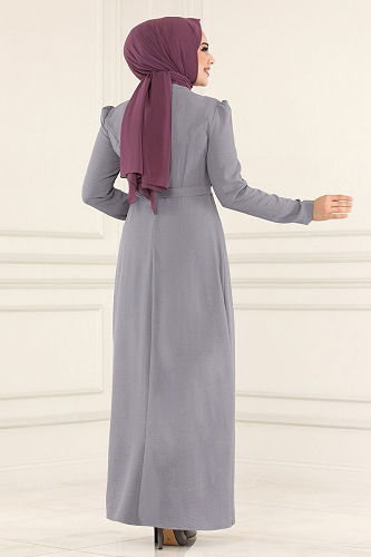 moda selvim Pul Payet Detaylı Tesettür Elbise ASM2567-M Gri - Thumbnail
