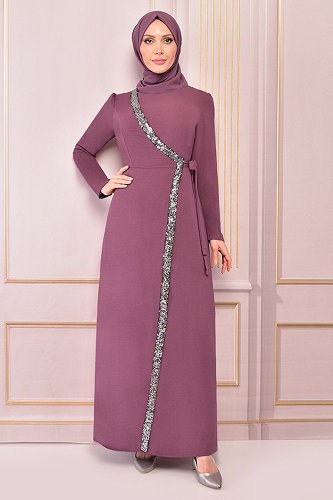 moda selvim Pul Payet Detaylı Tesettür Elbise ASM2567-M Gül Kurusu - Thumbnail
