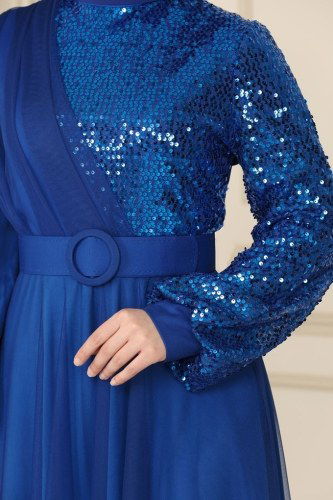 moda selvim Pul Payet Detaylı Tül Abiye ASM2519 Saks - Thumbnail