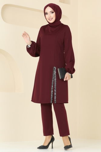 moda selvim Pul Payet Detaylı Yırtmaçlı Takım ASM2760 Bordo - Thumbnail