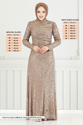 moda selvim Pul Payet İşlemeli Abiye 4028YGS898-M Pudra Vizyon - Thumbnail