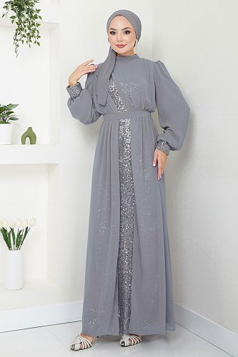 moda selvim Pul Payet Şifon Abiye 6591YG95 Gri - Thumbnail