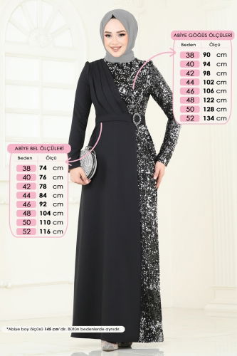 moda selvim Pul Payetli Abiye Elbise 2516ASMK1074 Siyah&Gümüş - Thumbnail