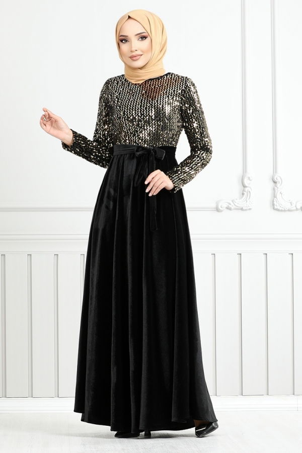 Modaselvim ABİYE Pul Payetli Kadife Abiye 2015EFY931-M Gold