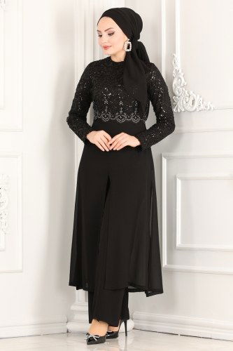 moda selvim Pul Payetli Şifon Takım 5422AB368 Siyah - Thumbnail