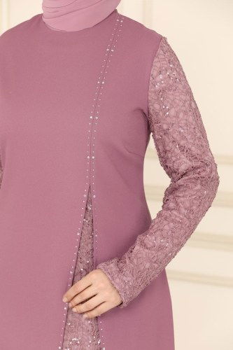 moda selvim Pul Payetli Tesettür Krep Takım ASM2182-1 Koyu Pudra - Thumbnail