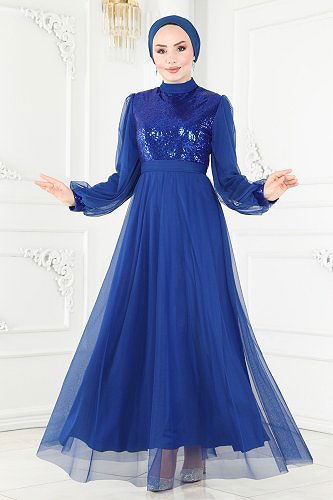 moda selvim Pul Payetli Tül Abiye 4535ALG474 Saks - Thumbnail