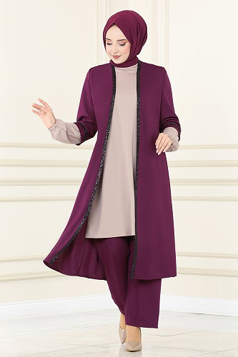 moda selvim Pullu İkili Takım ASM2670-M Mürdüm - Thumbnail