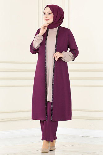 moda selvim Pullu İkili Takım ASM2670-M Mürdüm - Thumbnail