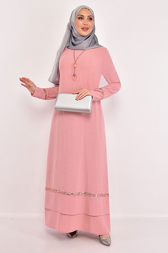 moda selvim Pullu Kolyeli Elbise ASM2579-M Koyu Pudra - Thumbnail